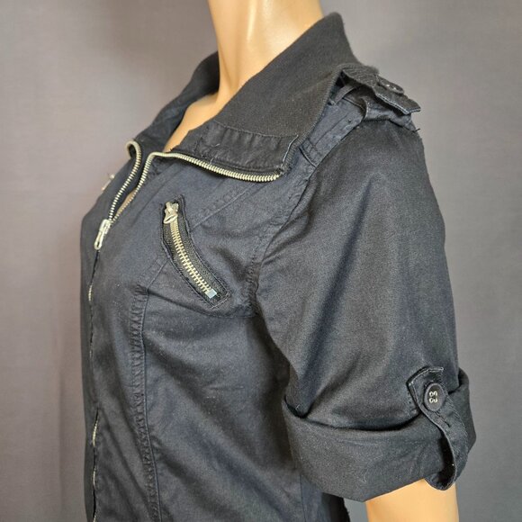 Y2K Black Cargo Mini Dress Size M Le Chateau Zip Up Flap Pocket Utility Emo Punk - Picture 6 of 12